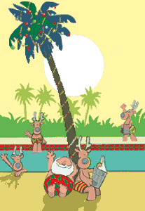 Santa and his reindeer waving from poolside under a decorated palm tree